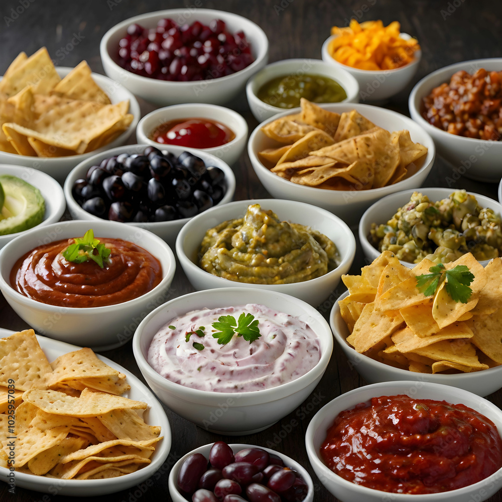 An assortment of dips and snacks presented together, featuring various flavors An assortment of dips and snacks presented together, featuring various flavors