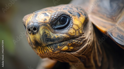 Close-up view of a tortoise's face highlighting its unique features against a softly blurred background