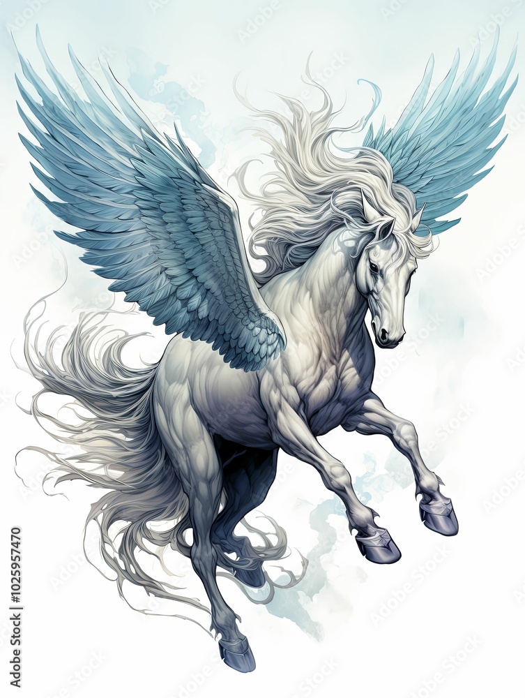 A White Winged Horse with Flowing Mane in Flight A White Winged Horse with Flowing Mane in Flight