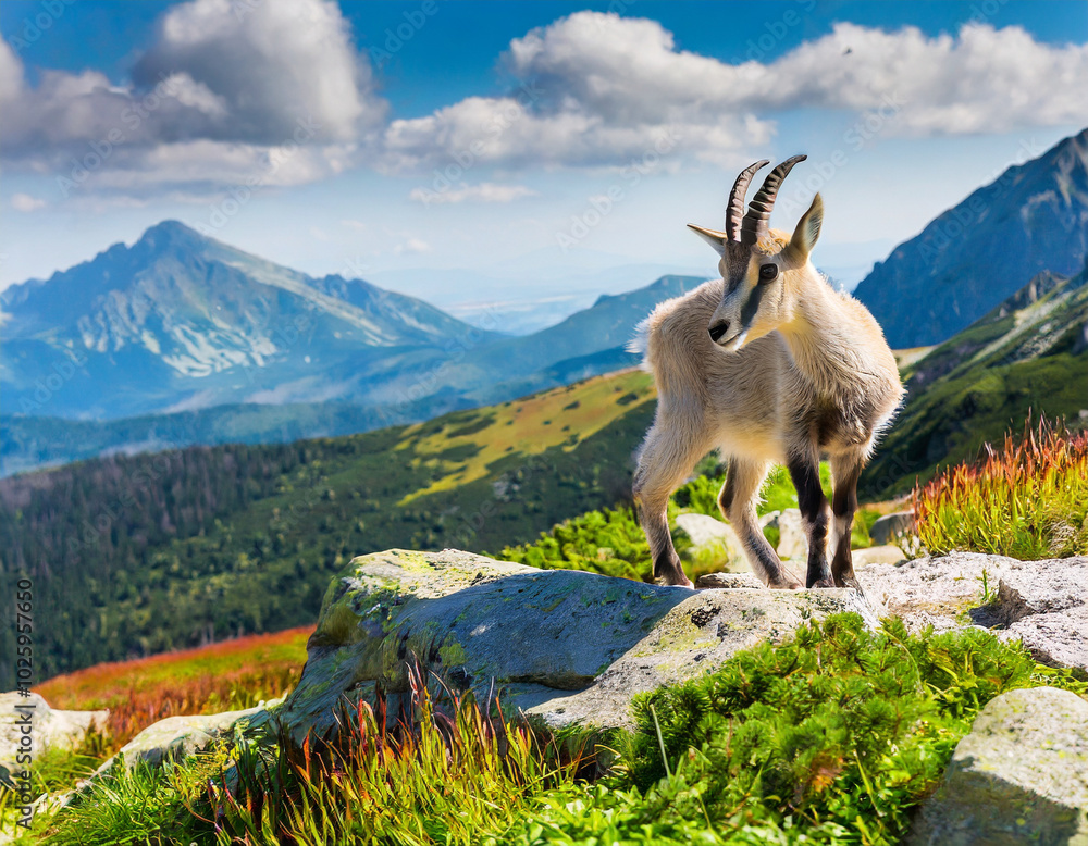 Fototapeta premium Young goat standing on rocky terrain with mountains in the background during a sunny day