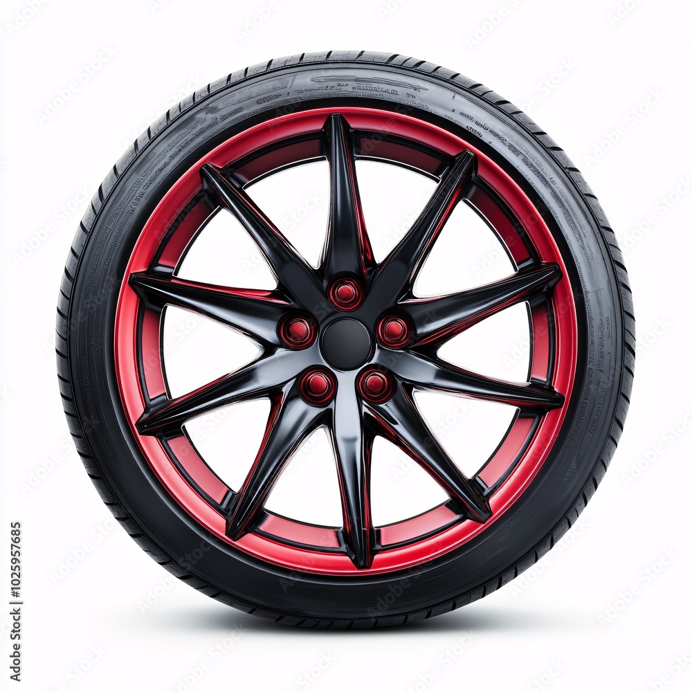 Obraz premium A stylish black and red custom alloy wheel isolated on a white background, showcasing its unique design and modern aesthetics.