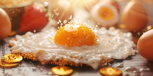 An egg splashed with water surrounded by shimmering gold coins. photo