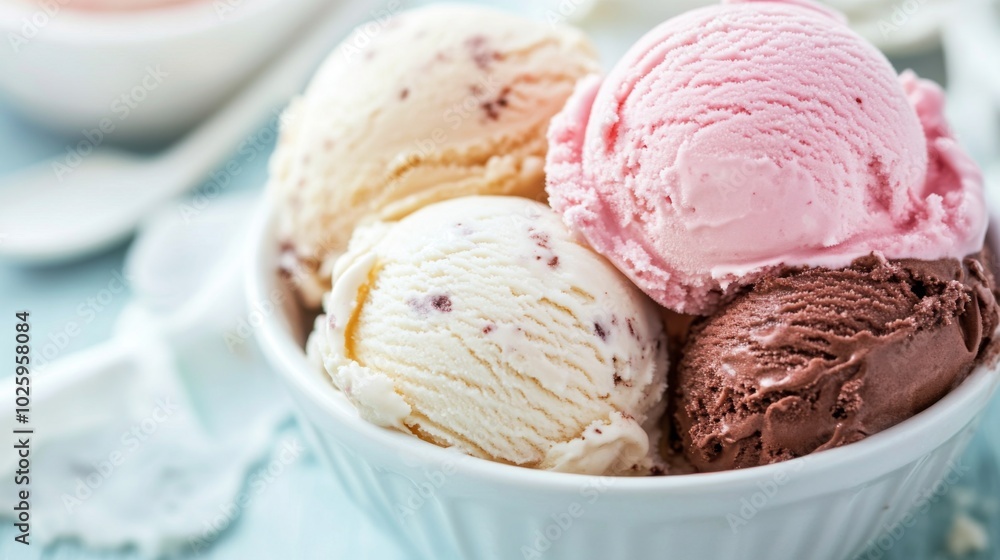 A bowl of vanilla, chocolate, and strawberry ice cream scoops. A bowl of vanilla, chocolate, and strawberry ice cream scoops.