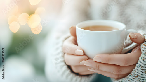 Close-up of hands holding a warm cup of herbal tea
