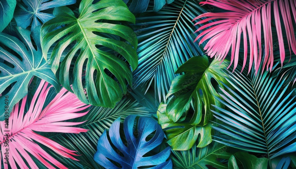 A vibrant arrangement of tropical leaves in various shades of green and pink, creating a lush, exotic backdrop. A vibrant arrangement of tropical leaves in various shades of green and pink, creating a lush, exotic backdrop.