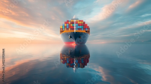A colorful cargo ship reflecting on calm waters at sunset, creating a serene maritime scene with beautiful skies and vibrant containers.