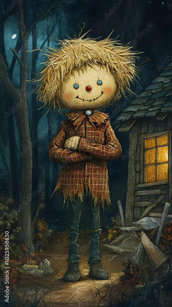 Fototapeta premium Whimsical Scarecrow by Cozy Cabin, a playful scarecrow with straw hair and button eyes, nestled in a serene forest setting, enchanting children’s book cover