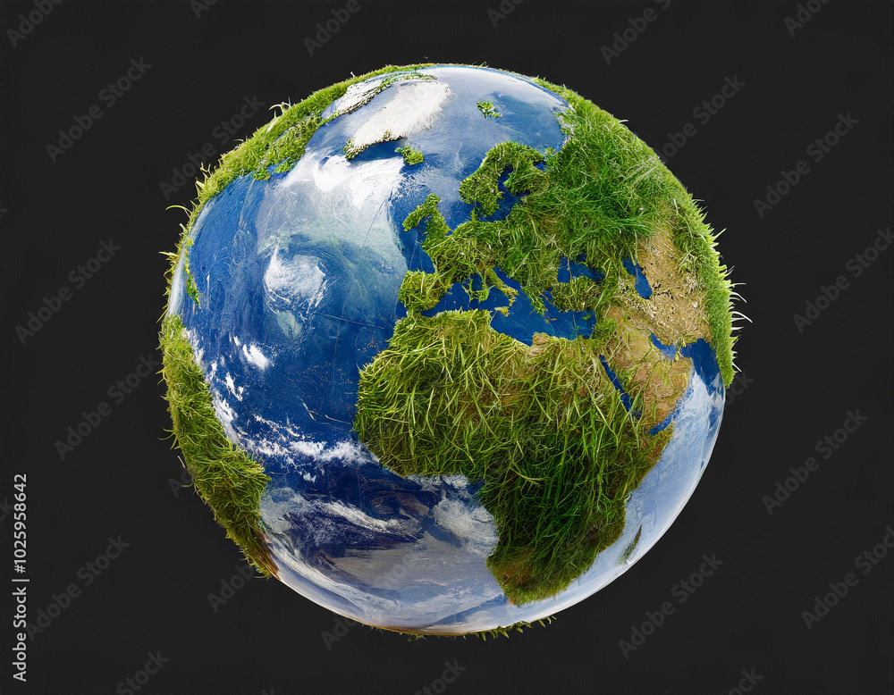 Fototapeta premium A green earth globe with grass and water, symbolizing environmental awareness and ecological balance