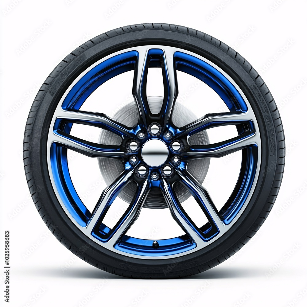 Fototapeta premium Stylish alloy wheel with a sleek design and blue accents, isolated on a white background, perfect for automotive themes or design projects.