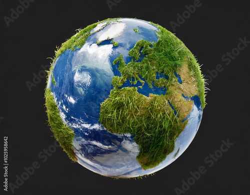 A green earth globe with grass and water, symbolizing environmental awareness and ecological balance