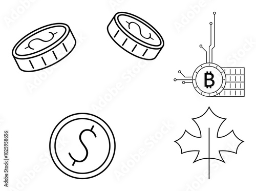 Coins with dollar symbols, a Bitcoin logo with digital circuitry, and a maple leaf. Ideal for finance, cryptocurrency, blockchain, Canada, digital currency. Simple monochrome vector, minimalist style
