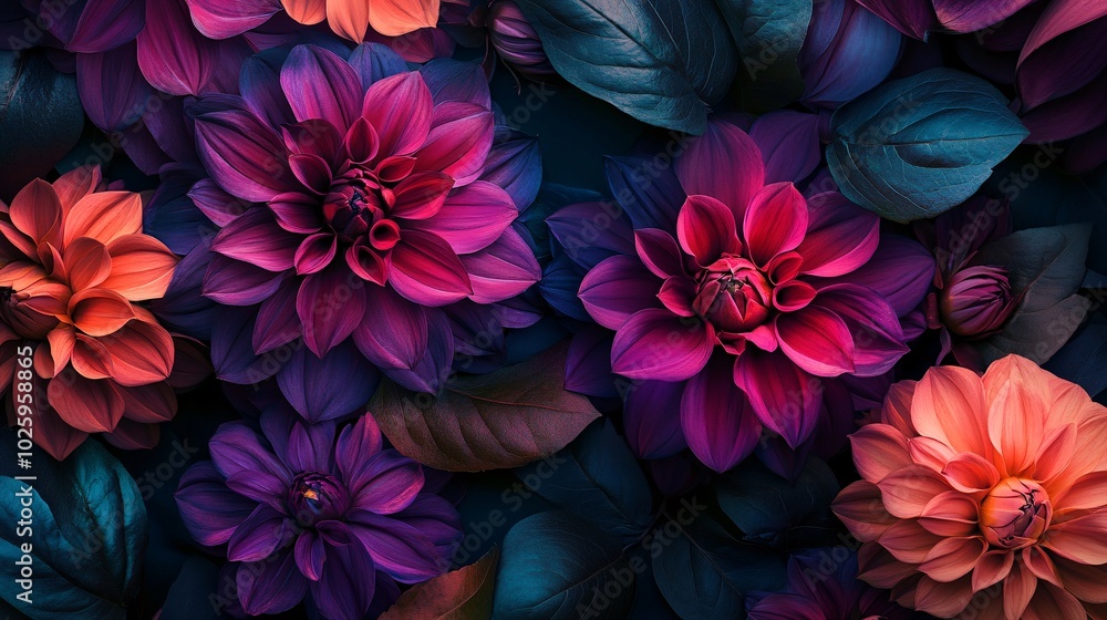 Obraz premium A stunning arrangement of vibrant flowers in shades of pink, purple, and orange, beautifully contrasting against lush green leaves.