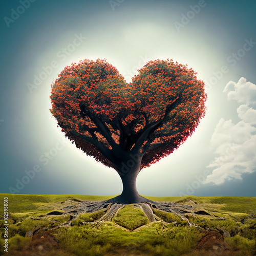 A heart-shaped tree stands in a vibrant landscape under a clear sky during sunset