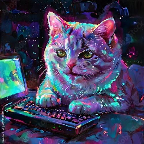 Cat vector with neon and  fluidy liquid laptop eletronics ,cat hacker behind computers with cyberpunk style , Cute cyberpunk cat, post apocalypse character, animal cute photo