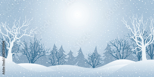 Winter landscape, snowdrifts and forest, snowfall and sunshine, vector illustration