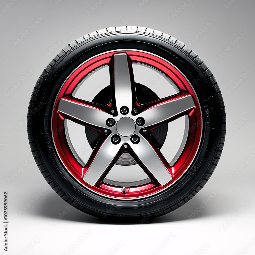 Fototapeta premium Stylish alloy wheel with a sleek design and red accents, isolated on a clean, grey background. Perfect for automotive enthusiasts.