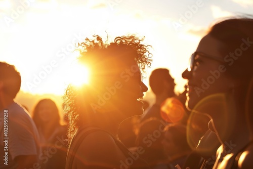 Group of young people dancing and having fun on music festival at sunset