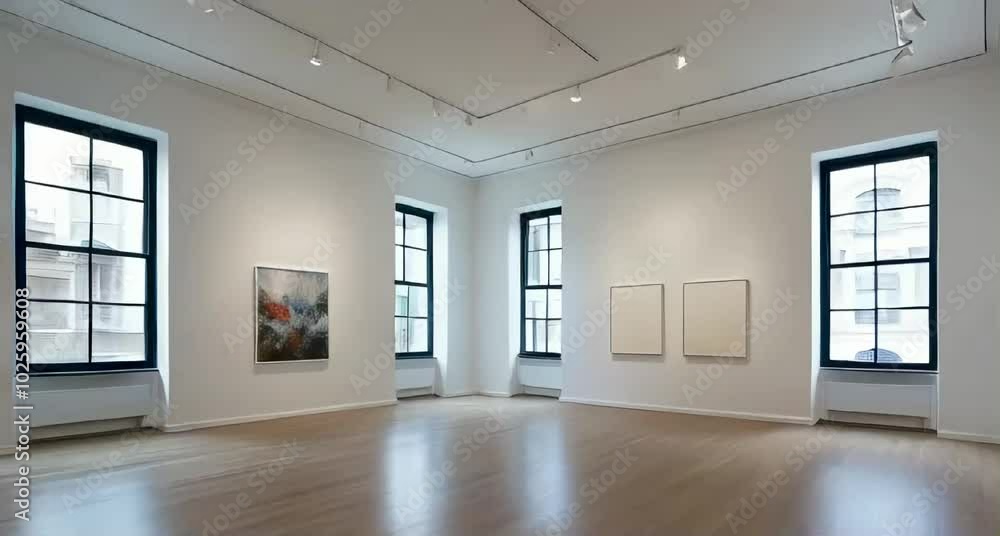 An empty modern art gallery with white walls and large windows. An empty modern art gallery with white walls and large windows.