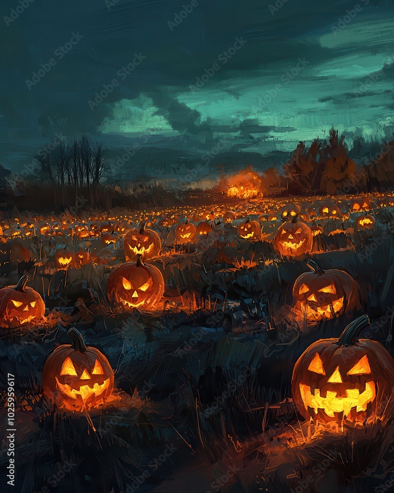 Glowing Pumpkins in a Halloween Patch at Dusk Glowing Pumpkins in a Halloween Patch at Dusk