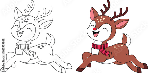 Deer prancing joyfully in the snow outline coloring page. Christmas and Winter Animal Illustration