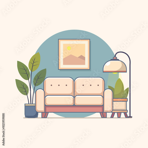 Sofa With Plant and Light Cartoon Vector Icon Illustration. Interior House Icon Concept Isolated Premium Vector. Flat Cartoon Style