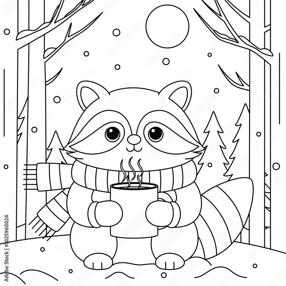 Raccoon wearing mittens and holding a steaming cup of hot cocoa in the snowy woods outline coloring page. Christmas and Winter Animal Illustration