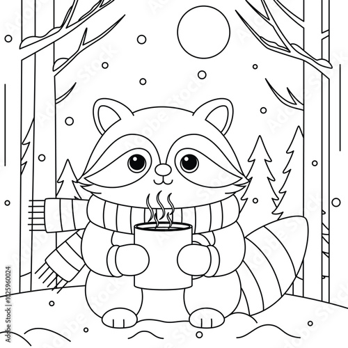 Raccoon wearing mittens and holding a steaming cup of hot cocoa in the snowy woods outline coloring page. Christmas and Winter Animal Illustration