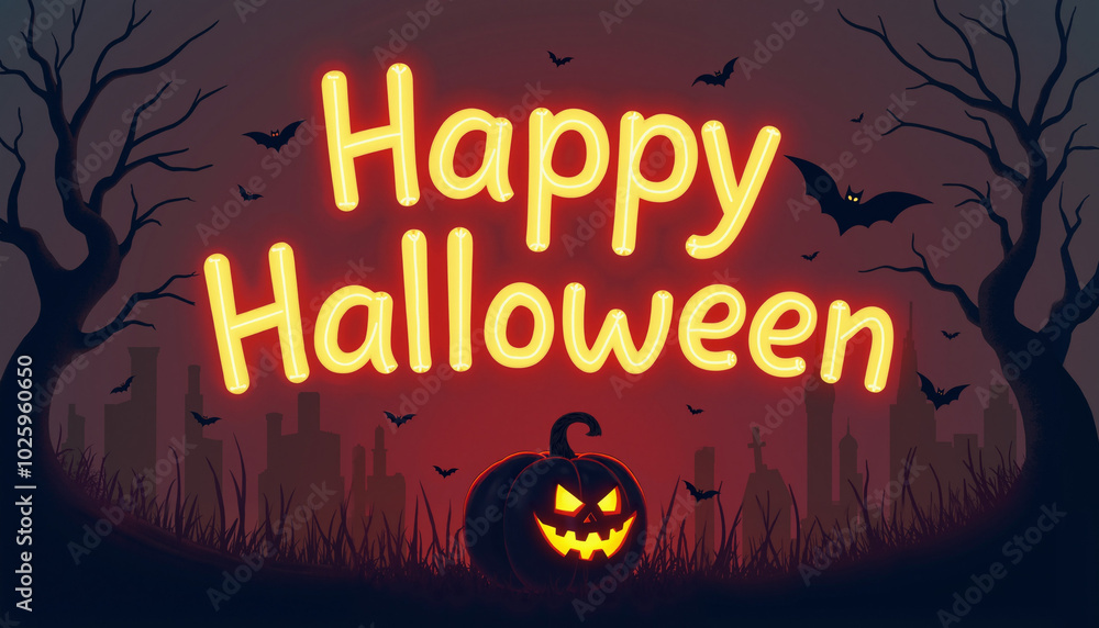 A stylized illustration of a Halloween scene at night. A neon A stylized illustration of a Halloween scene at night. A neon