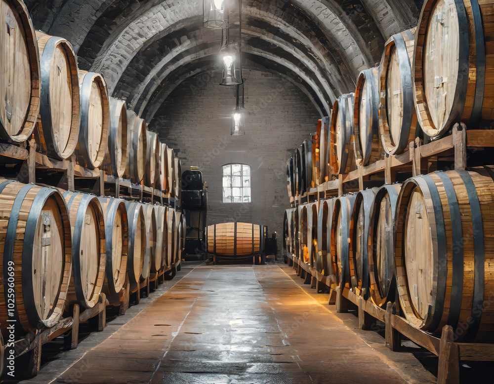 Inside a historic wine cellar, showcasing wooden barrels stacked in dim ...