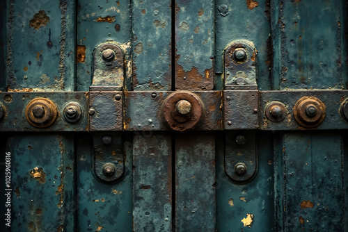 A close up of a rusty metal door with a lock on it photo