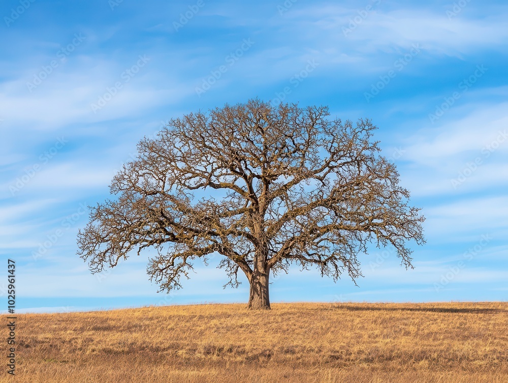 Majestic Oak Tree Standing Tall in Open Meadow Majestic Oak Tree Standing Tall in Open Meadow