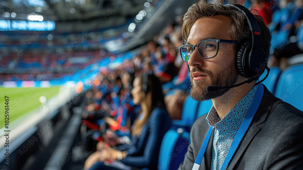 Sports commentator provides live analysis during a thrilling football match at the stadium Sports commentator provides live analysis during a thrilling football match at the stadium
