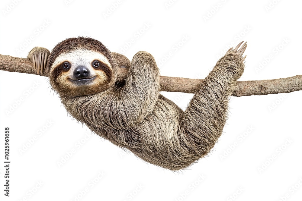 Naklejka premium Sloth, Animal of Costa Rica on white background, isolated, funny animal hanging on tree branch scratching belly, cute, funny and chilled