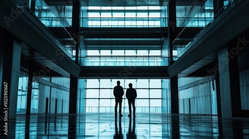 Two silhouetted figures in a modern, glass-filled architectural space.