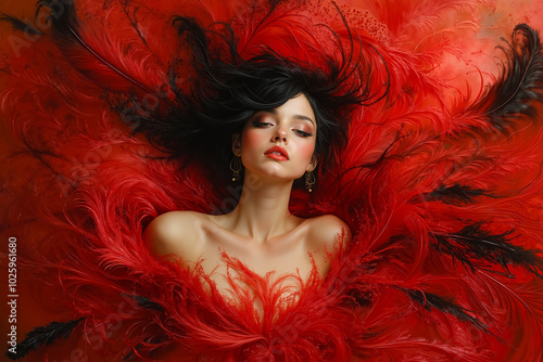 A woman in a red dress with black feathers on her head