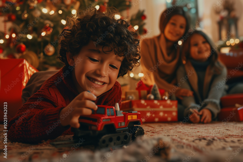 Boy Playing with His Christmas Presents Under a Festively Decorated Tree on Christmas Morning Surrounded by Family Boy Playing with His Christmas Presents Under a Festively Decorated Tree on Christmas Morning Surrounded by Family