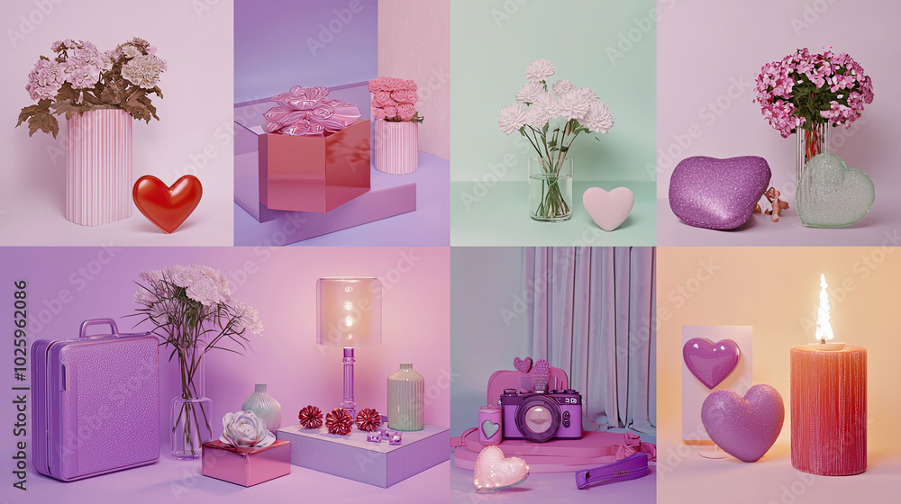 Soft pastel Valentine's Day themed still life with geometric shapes and hearts Soft pastel Valentine's Day themed still life with geometric shapes and hearts