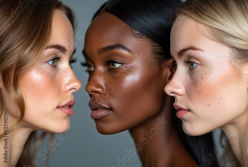 Diverse Beauty Profiles: Three Faces Showcasing Ethnic Variety for Inclusive Advertising and Multicultural Campaigns