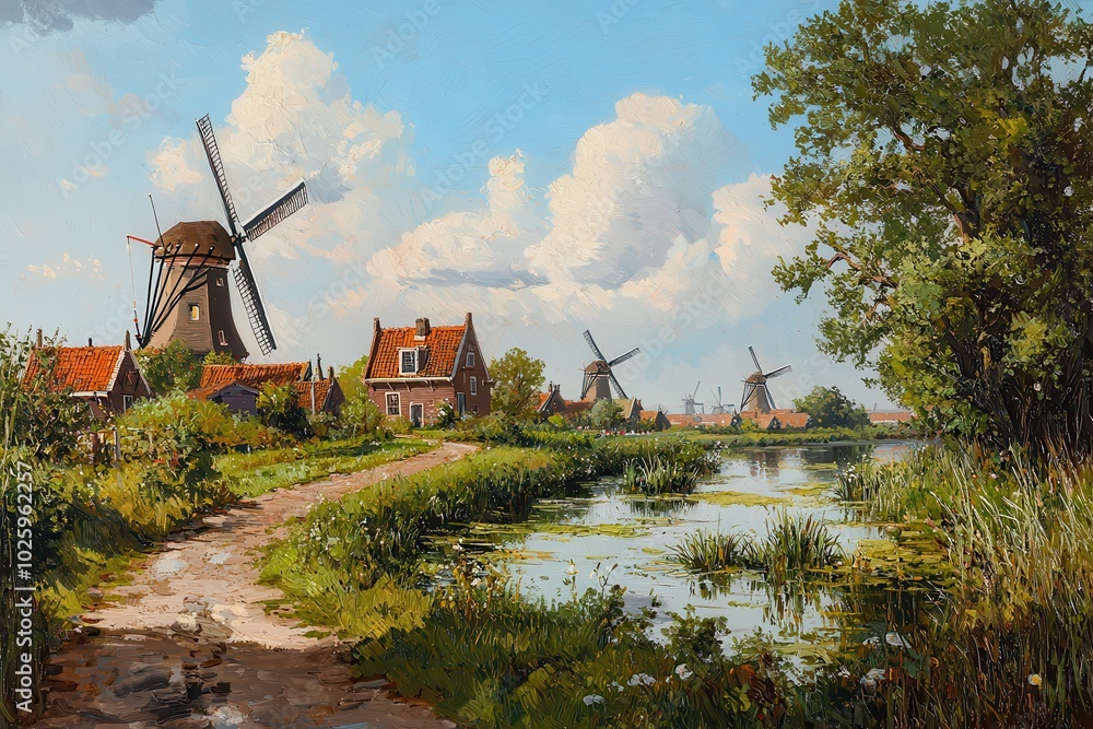 Fototapeta premium Scenic Dutch Landscape with Windmills and Waterway