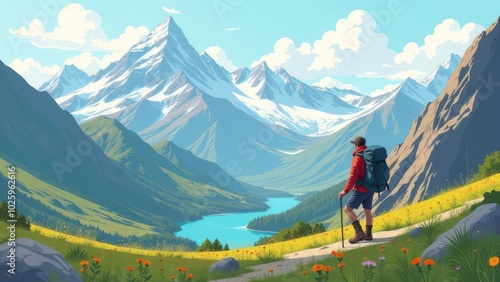 a man with a backpack stands in the mountains