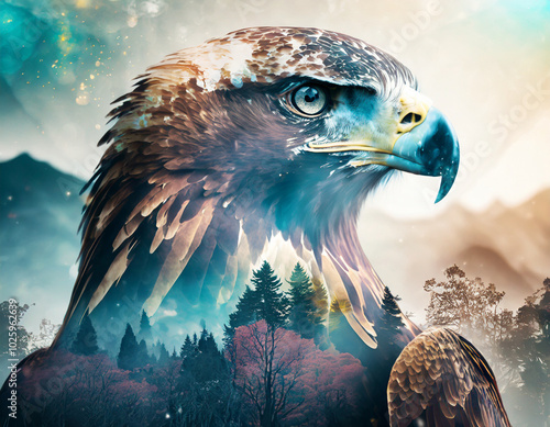 An eagle with a breathtaking mountain reflection in its body near a serene lake at sunset