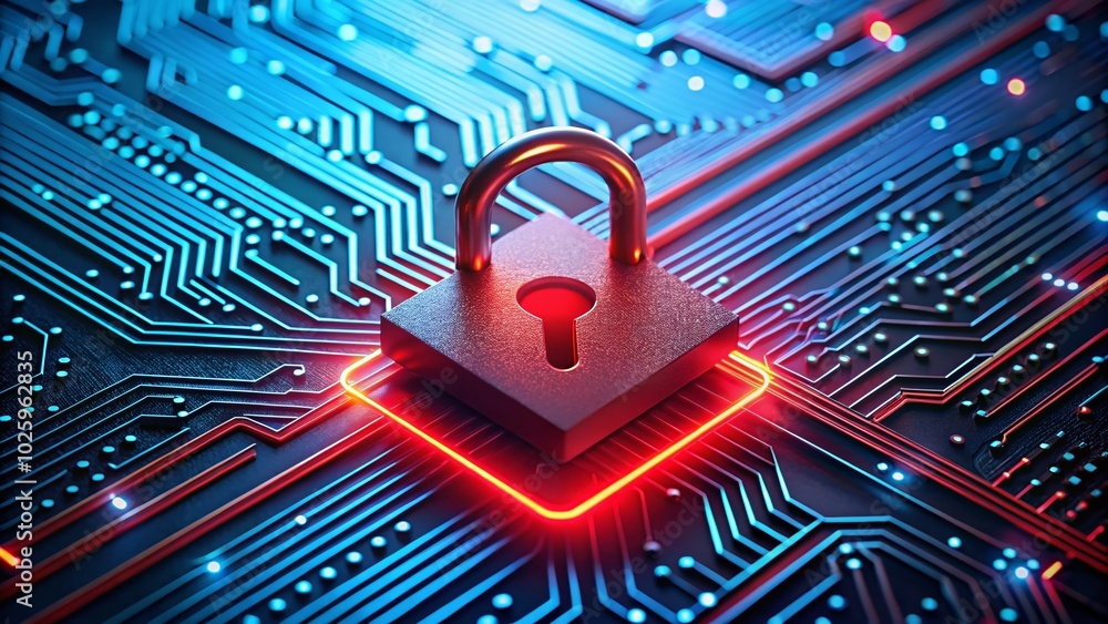 Glowing Red Lock Icon on Circuit Board Symbolizing Cybersecurity and Data Protection Glowing Red Lock Icon on Circuit Board Symbolizing Cybersecurity and Data Protection