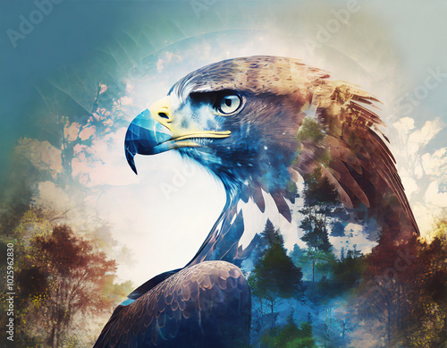 An eagle with a breathtaking mountain reflection in its body near a serene lake at sunset