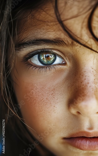 Focusing on half of their face. The most captivating feature is the vibrant green eye with golden flecks, which is in sharp focus and reflects light beautifully.