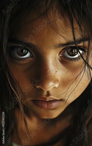 The child is gazing directly at the camera, her large brown eyes deep and expressive. Her gaze conveys both innocence and intense focus.