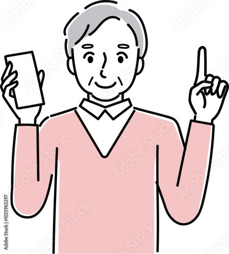 スマホを持って説明をするシニア男性