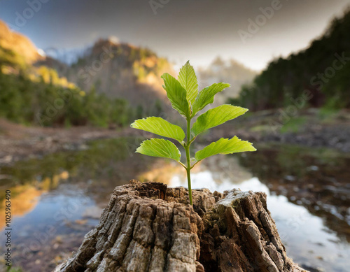 A young plant sprouts from a tree stump in a serene landscape near a calm body of water during sunset