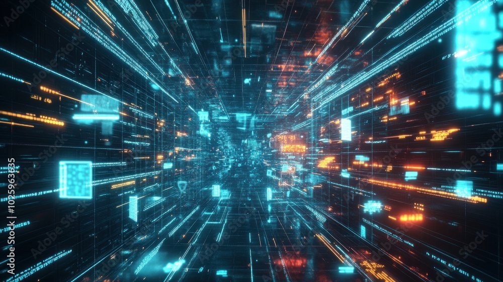 A futuristic digital landscape with glowing lines and data elements in motion. A futuristic digital landscape with glowing lines and data elements in motion.