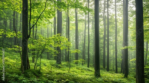 Serene Green Forest with Tall Trees and Soft Light