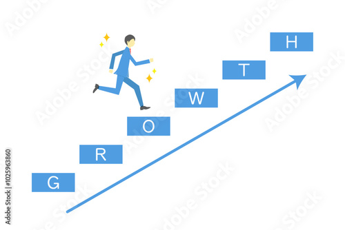 GROWTHの文字が書かれた階段を駆け上るビジネスマンのイラスト